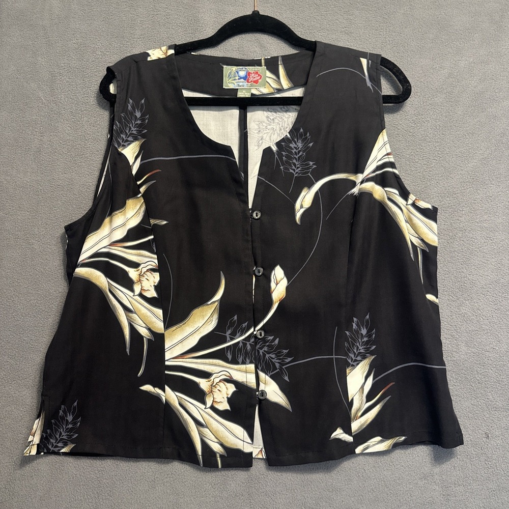 VTG Hilo Hattie 100% Silk Sleeveless Top Button Womens XL Black Floral Tropical